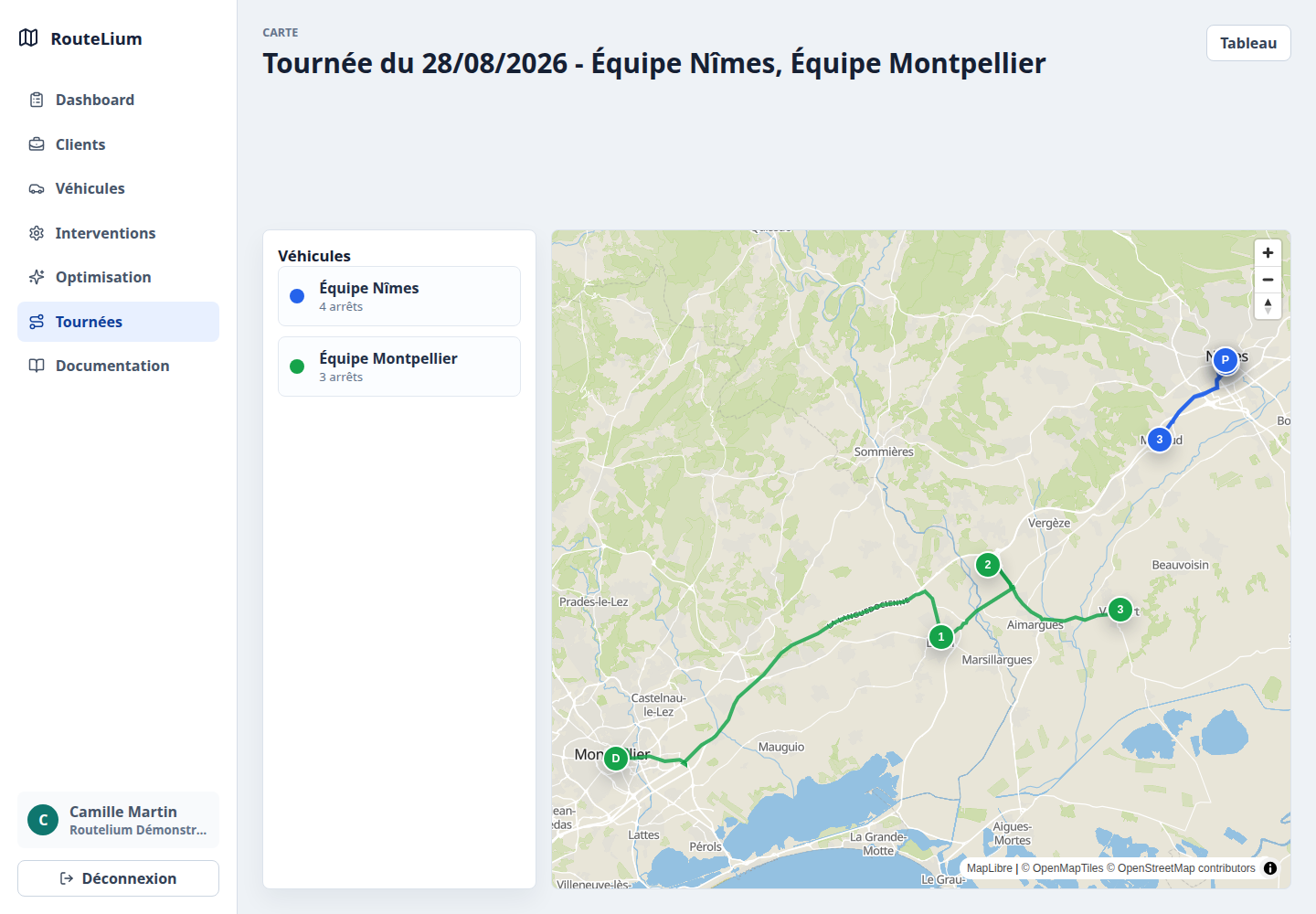 Carte Routelium montrant une séquence d'arrêts pour une tournée de livraison.