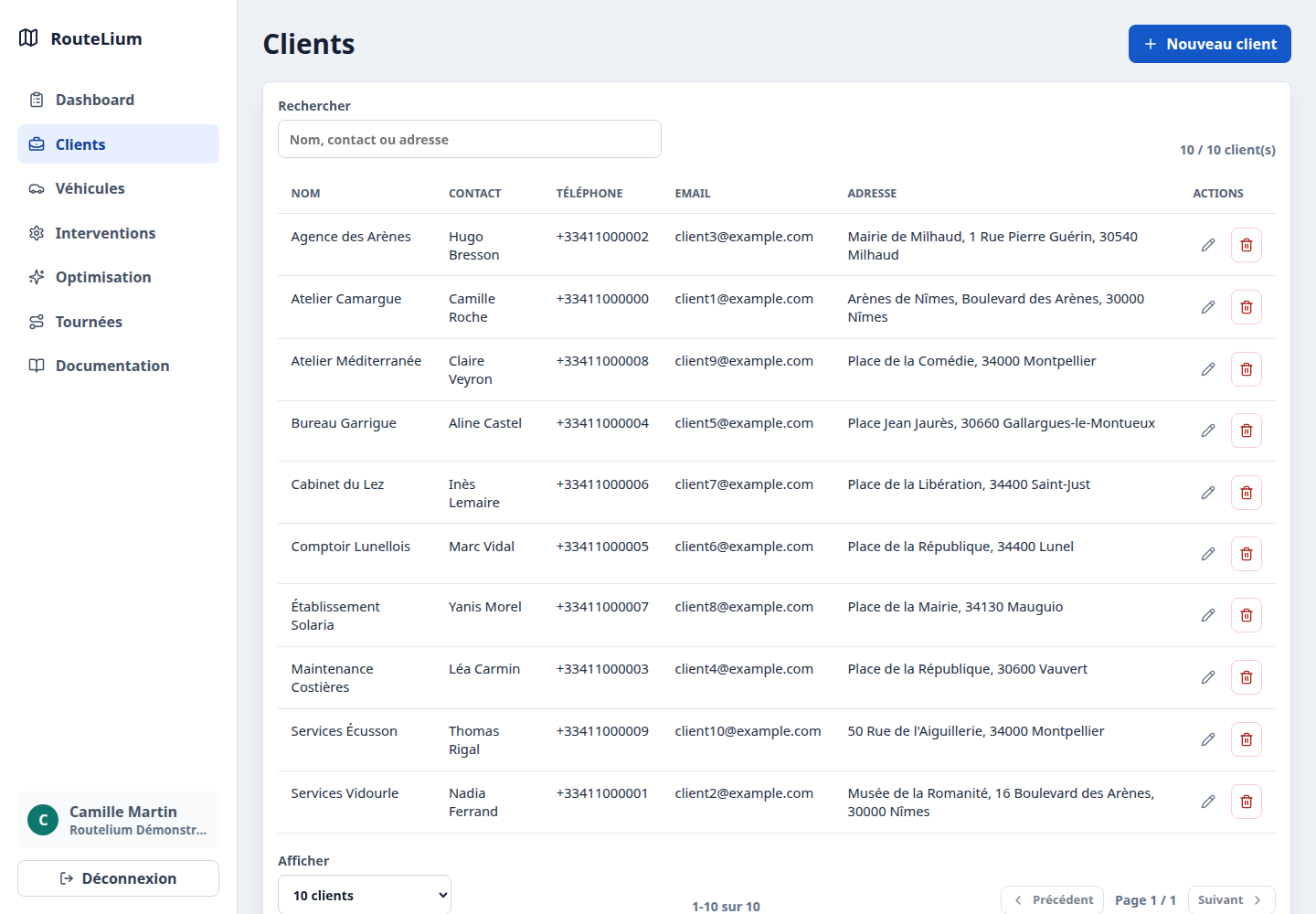 Gestion des clients Routelium avec coordonnées et adresses utilisées pour les interventions.