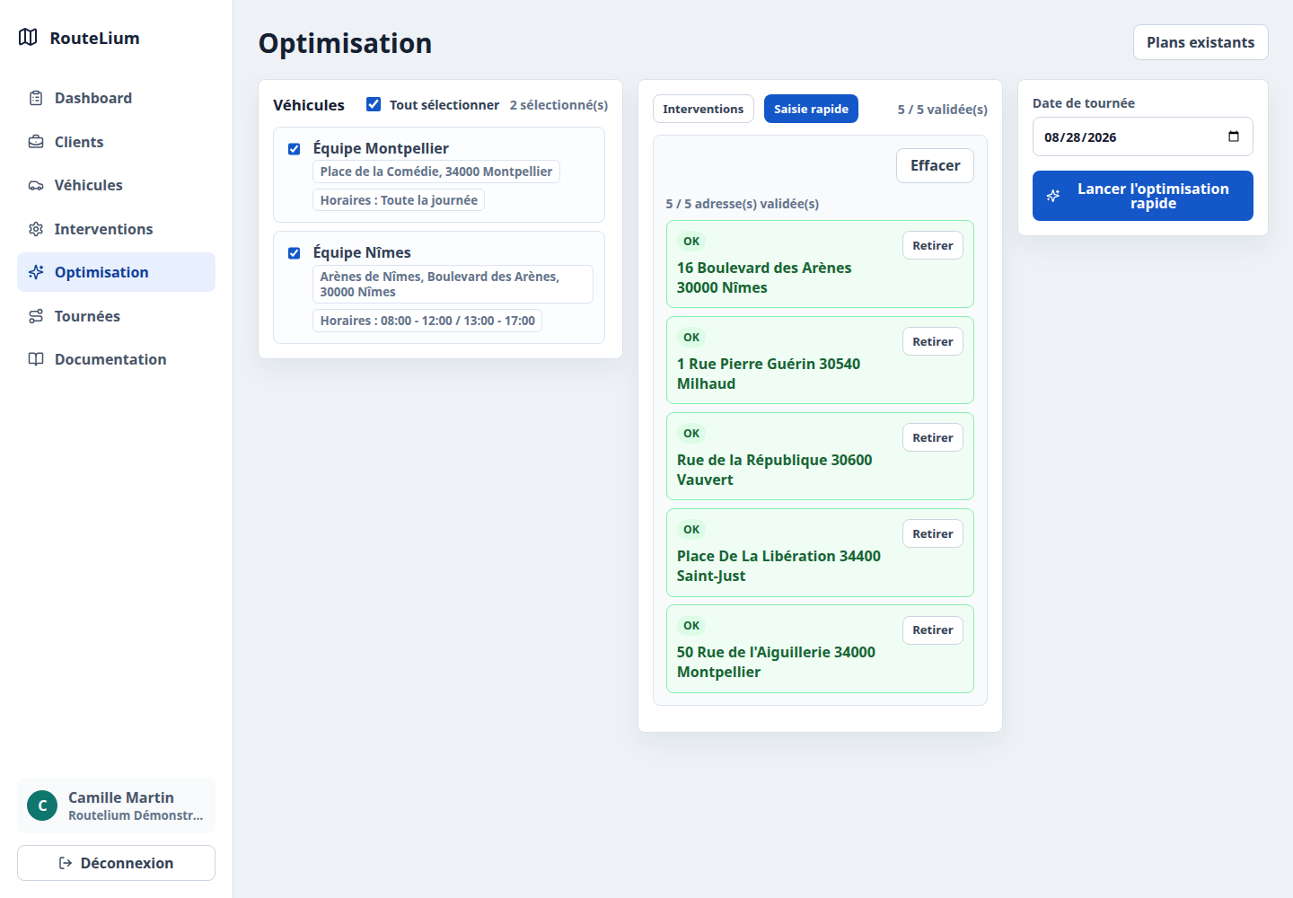 Écran d'optimisation rapide Routelium permettant de sélectionner les interventions et les véhicules d'une tournée.
