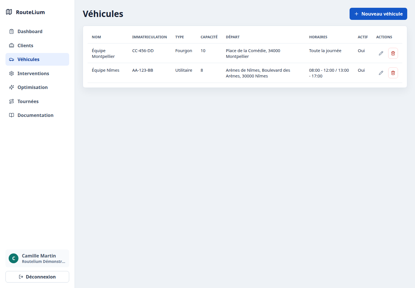 Liste des véhicules Routelium avec leurs informations et points de départ.